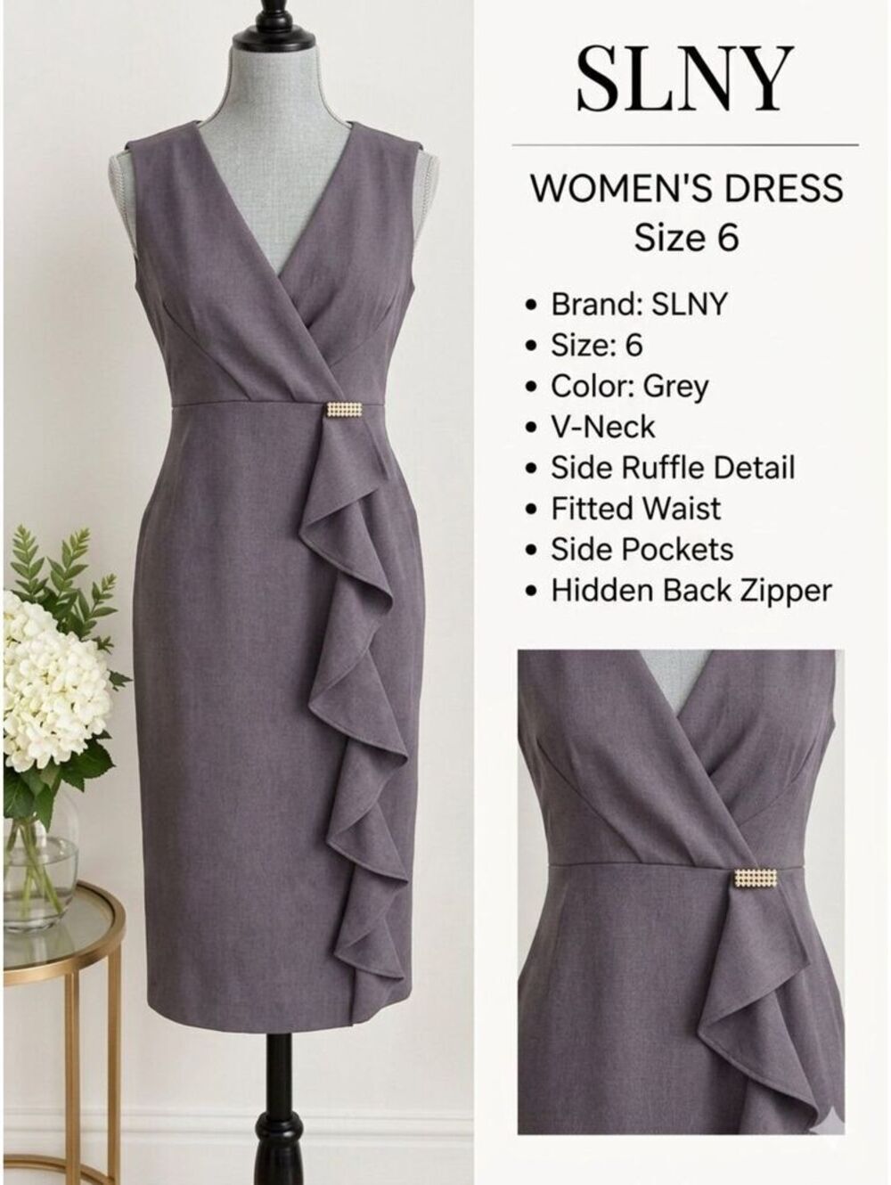 SLNY Women's Gray Sleeveless V-Neck Midi Dress Size 6